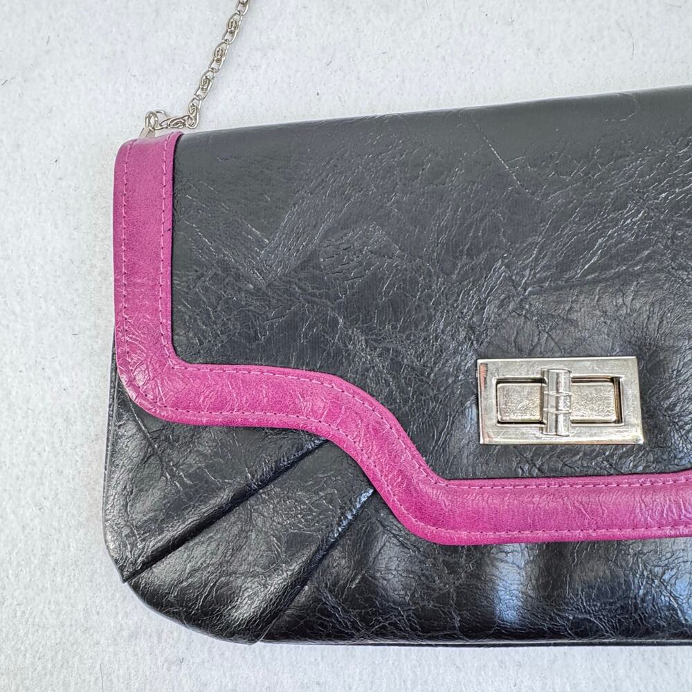 Vintage Black faux Leather Shoulder Bag Pink Trim Y2K Retro Baguette Purse - Picture 9 of 9